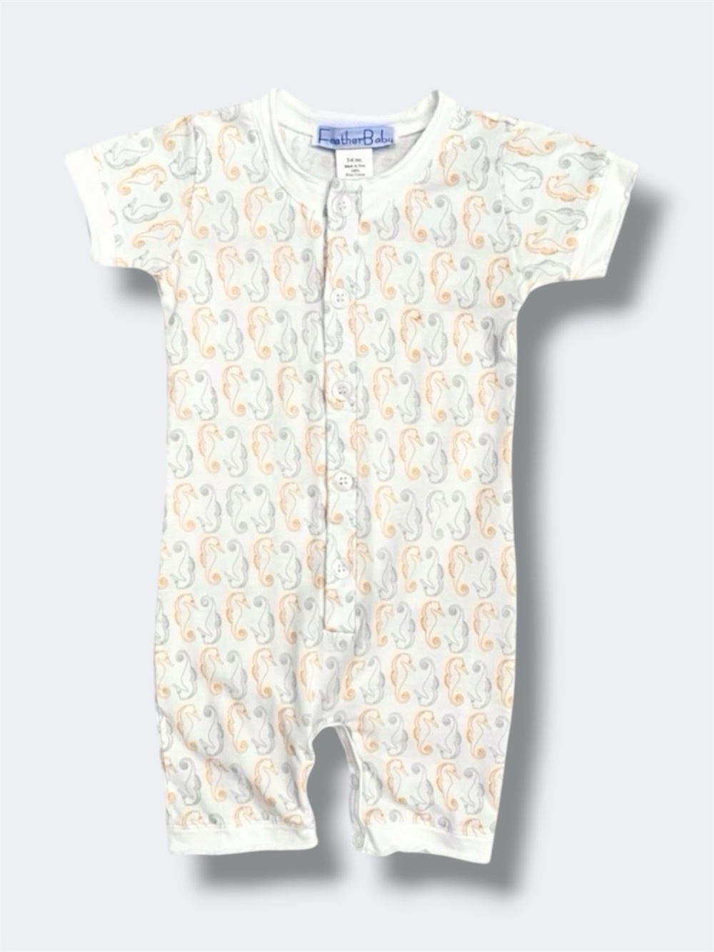 Feather Baby Romper Boys 3-6M White Seahorse Pima Cotton Henley Snap